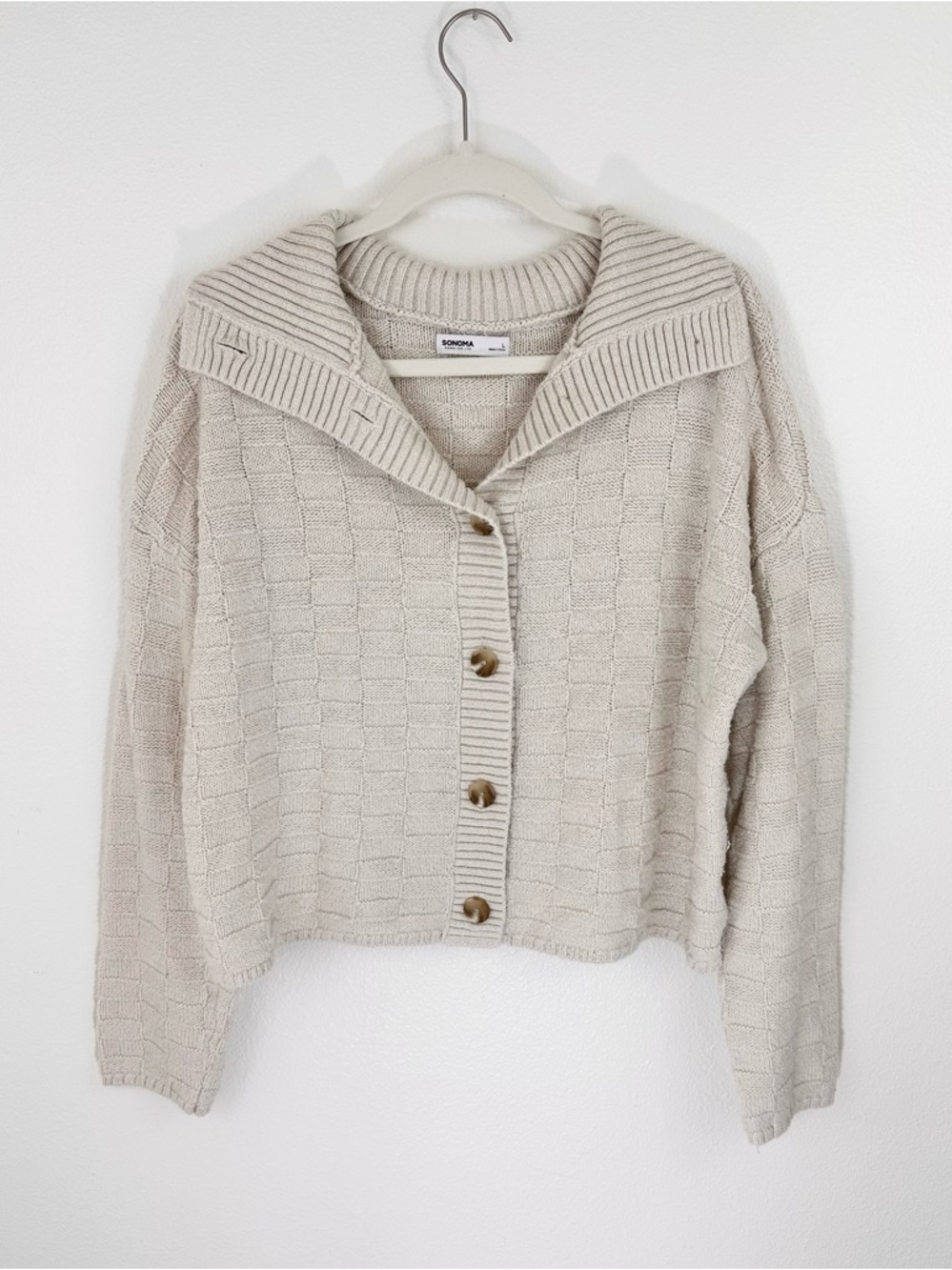 Sonoma Textured Knit Button Up Collared Sweater Cardigan L Normcore Neutral